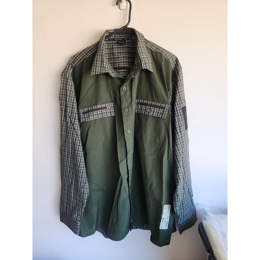 Bugle Boy Men's Green Plaid Button Up Long Sleeve Shirt Size LARGE